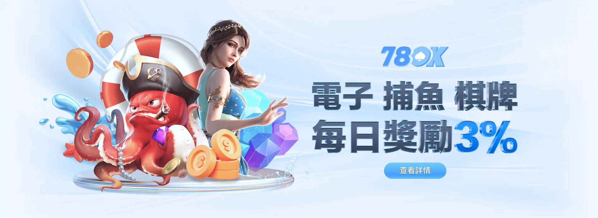 78OK 娛樂城 電子捕魚棋牌 每日獎勵 3%